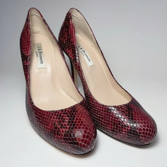 L.K. Bennett Womens 37.5 Snakeskin Maroon Heel Pump Shoes - Picture 1 of 15